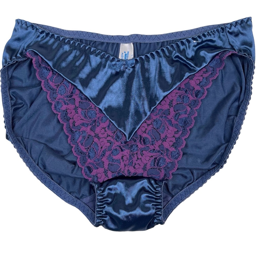 Vintage Maidenform Rendezvous Panties Women L Blue Purple Lace Satin HiCut 28318